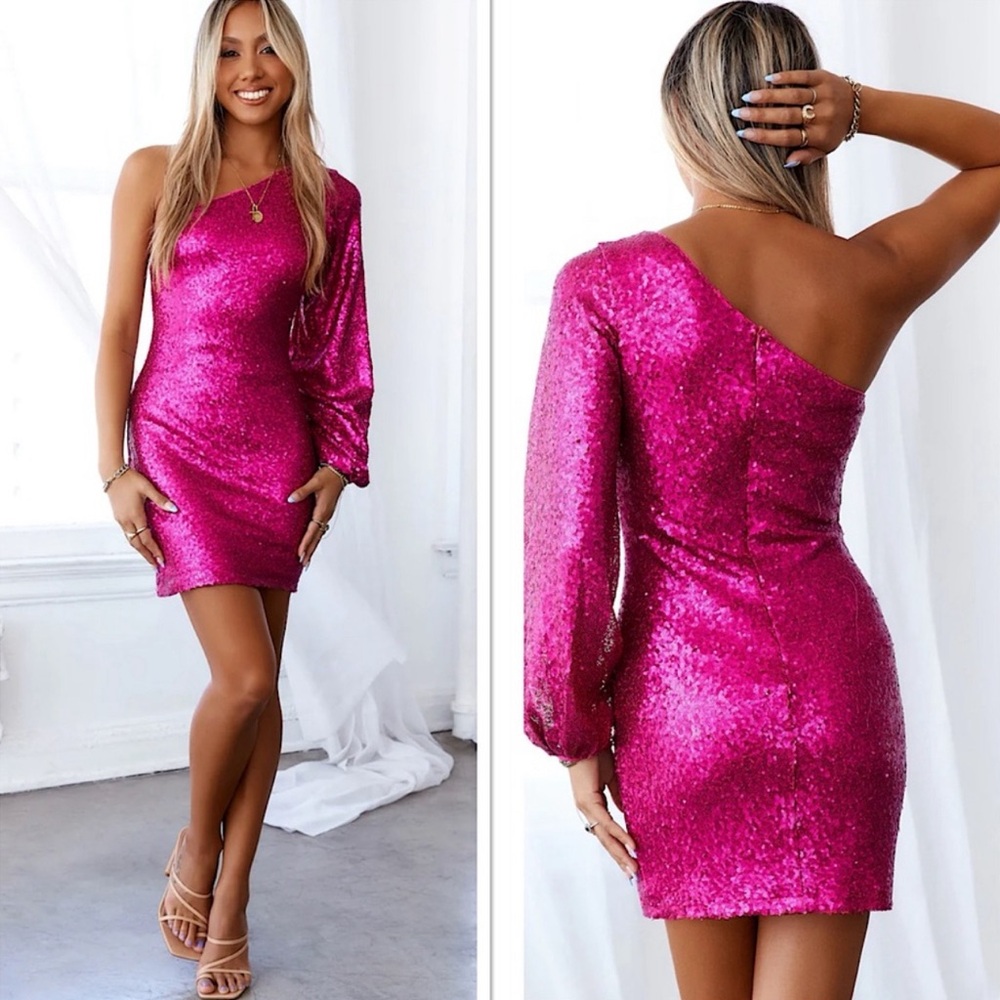 Hello Molly Fuchsia One-Shoulder Sequin Mini Dress